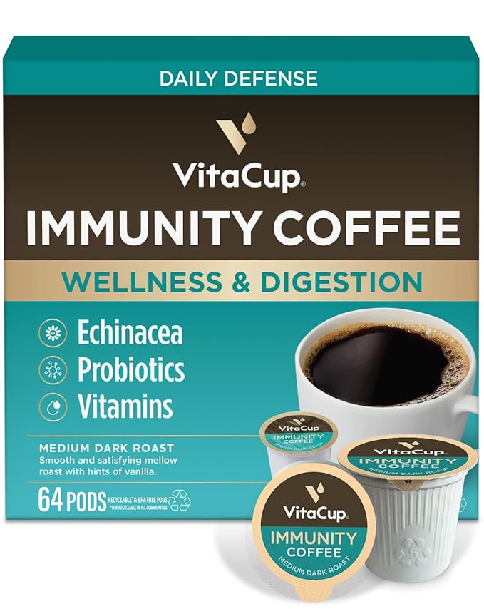 VitaCup Immunity Coffee Pods, Wellness Boost with Antioxidants, Echinacea, Probiotics, Vitamin C & D3, Medium Dark Roast, Single Serve Pod Compatible with Keurig K-Cup Brewers,64 Ct