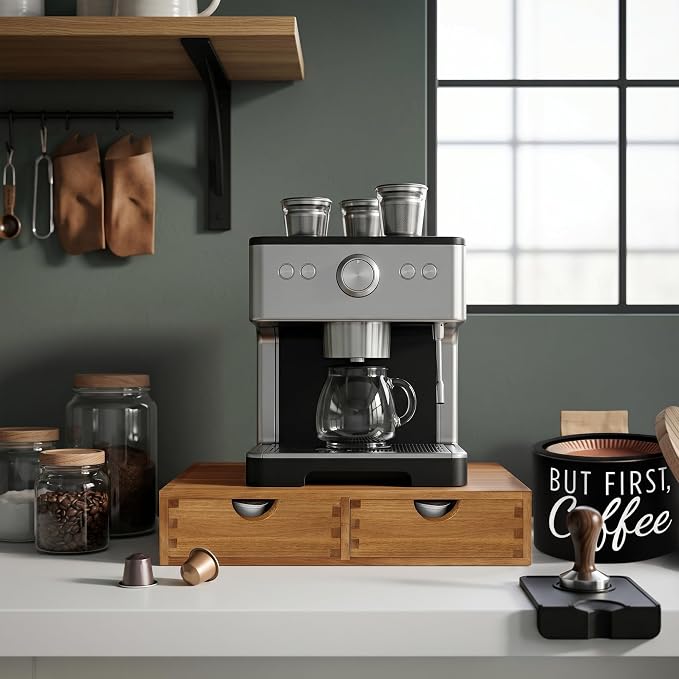 Acacia Wood K Cup Drawer Under Coffee Maker, 30 Pod Wooden K Cup Organizer with Movable Dividers for Countertop, Fits Nespresso Vertuo, Lavazza Capsules, Tea Bags
