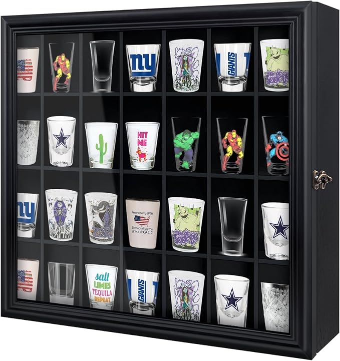 Shot Glass Display Cabinet Solid Wood - Large Display Case for Collectibles | Man Cave Accessories | UV Protection Acrylic Door | Wall Mounted Black Shadow Box | 28 Divided Slots (18 x 16 Black)