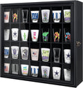 Shot Glass Display Cabinet Solid Wood - Large Display Case for Collectibles | Man Cave Accessories | UV Protection Acrylic Door | Wall Mounted Black Shadow Box | 28 Divided Slots (18 x 16 Black)