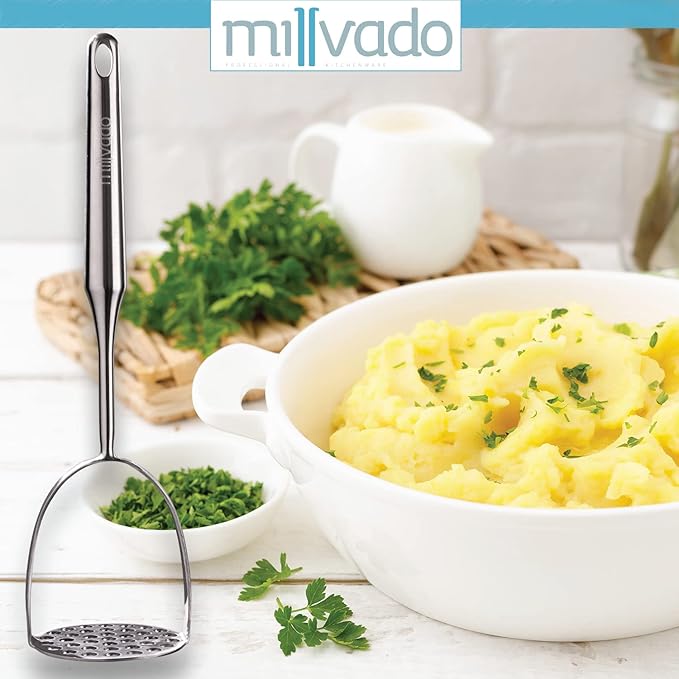 Millvado Potato Masher Stainless Steel, Best Mashed Potatoes Masher Kitchen Tool, Potato Smasher For Potatoe, Avocado, Sweet Potato, Beans, Large Heavy Duty Metal Mashing Utensil, 12.5 Inch