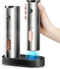 Electric Salt and Pepper Grinder Set with Rechargeable Base - Upgraded Large Capacity, Refillable Pepper Mill Set with LED Light & Adjustable Coarseness, Ideal for Kitchen, Outdoor (Light Silver)