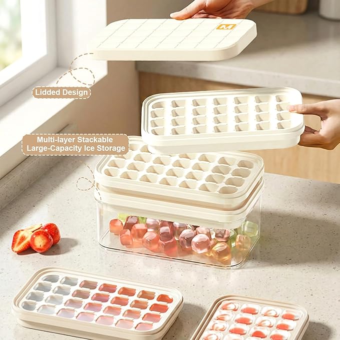 Ice Cube Tray - Freezer Ice Tray Ice Mold Ice Maker for Drinks Whiskey Beer Cocktail Coffee, Transparent Sealed Lid Design for Keep Ice Clean, With Tweezers and 2 Ice Trays Storage（White）