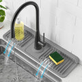 PoYang 17.7 inch Faucet Mat for Kitchen Sink Splash Guard, 7° Slope Silicone Sink Water Splash Guard for Kitchen Sink Area with Snap Button, Long Sink Protectors for kitchen Sink Sponge Holder, Grey