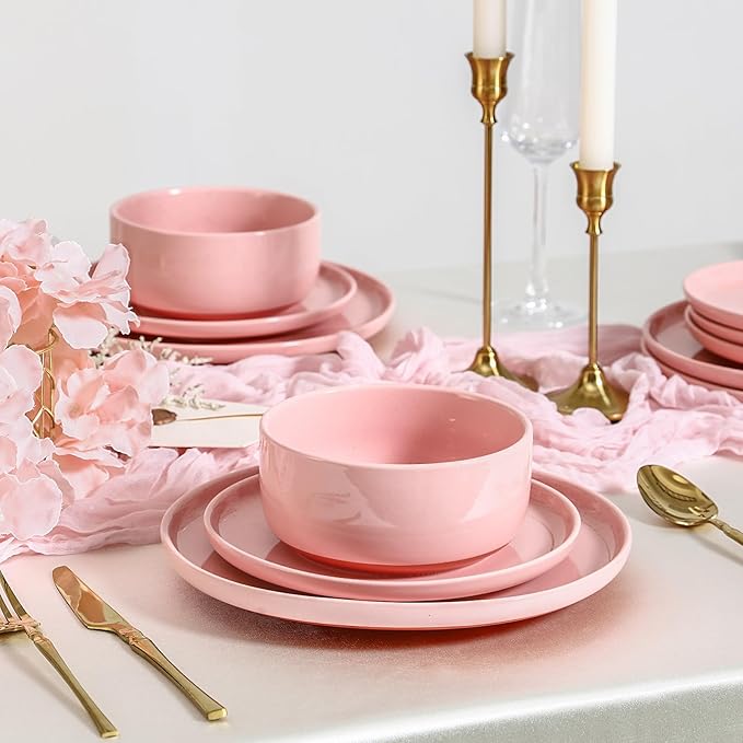 GZG Modern Art Series - 24 Pcs Speckled Stoneware Plates and Bowls Sets, Ceramic Dinnerware Set with Rustic Terracotta Underside, Microwave and Dishwasher Safe Handcrafted Dishes Set - Blush Pink