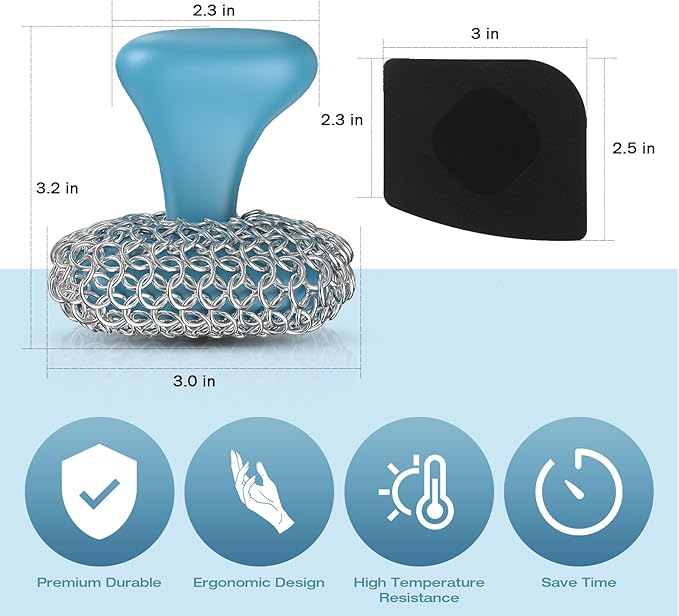 Cast Iron Scrubber | Dish Scrub Brush | 316 Cast Iron Cleaner Chainmail Scrubber Circle + Square 2PCS
