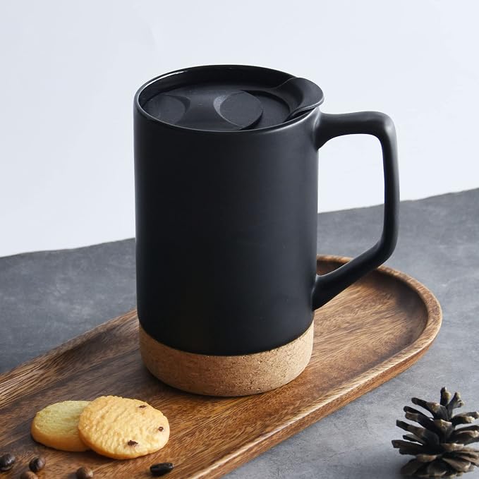 Ceramic Coffee Mug Set of 2, 17 OZ Large Coffee Mug with Removeable Cork Bottom and Splash Proof Lid, Large Handle Coffee Mugs (Matte Black) | Removable Cork Bottom,Splash Proof Lid,Large Handle,For Coffee,Tea,Hot Chocolate