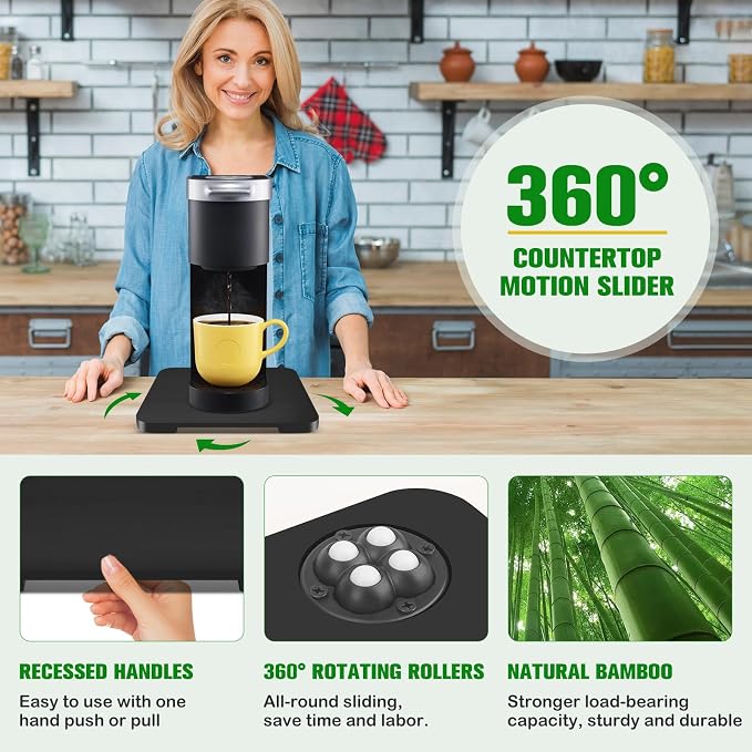 Appliance Slider 360° Rolling Tray for Coffee Maker Bamboo Coffee Pot Slider Tray Countertop Rotation Sliding Tray with Wheels, Small Appliances Mat Black (Small 11.8" × 9.8" × 0.6")