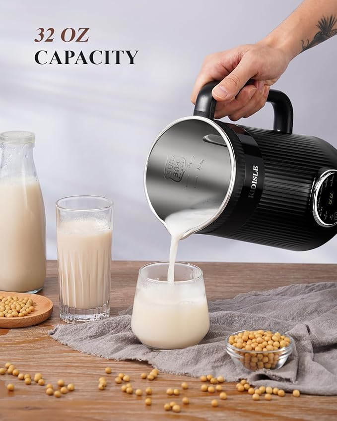 KIDISLE 32oz Nut Milk Maker Machine for Homemade Almond, Oat, Coconut, and Soy Milk, 8-in-1 Automatic Plant-Based Beverage Maker with 12H Delay Start, Keep Warm, Self-Cleaning & Boil Water Function, Black