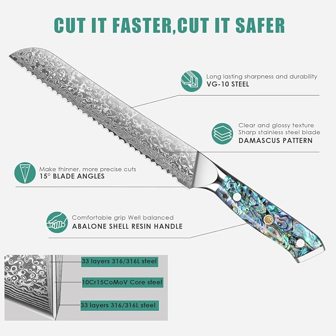 KEENZO Bread Knife,8 inch Multifunction Serrated Knife,Razor Sharp Professional Damascus Steel Cooking Slicer for Homemade Bread, Cake,Full Tang Ergonomic Abalone Shell Resin Handle,Gift Box