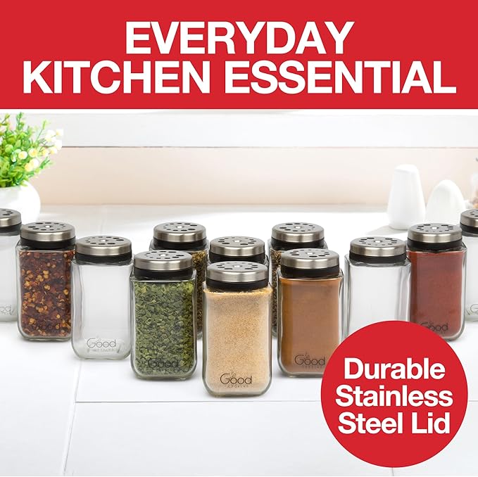 Adjustable Glass Spice Jars (Set of 24) with 6 Pouring Sizes- Stainless Steel Lid/Cap- Square Seasoning Bottle Containers for Minimalist Kitchen Pantry Storage Organization- Fill Shaker w Salt Pepper
