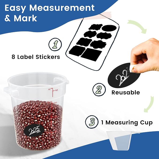 4 Pack 4QT Round Food Storage Containers with Lids | NSF, BPA-free PP containers with scale, label and measuring cup, stackable for prep, storage, freezer. Dishwasher safe