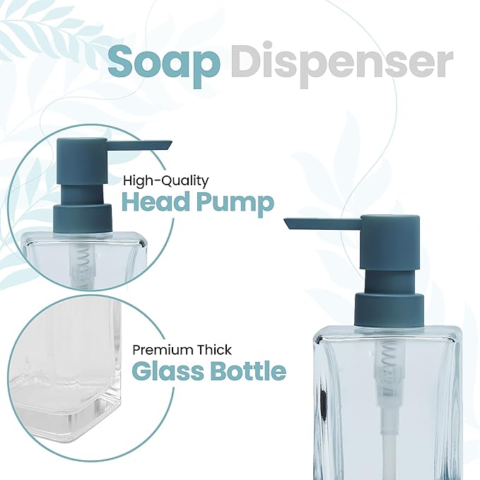 Square 3 Piece Glass Clear Lotion and Soap Pump Dispenser Set with Metal Stand Caddy for Bathroom Bath Kitchen Home Office Travel Hotel Hand Crafted Heavy Weight Spa Blue