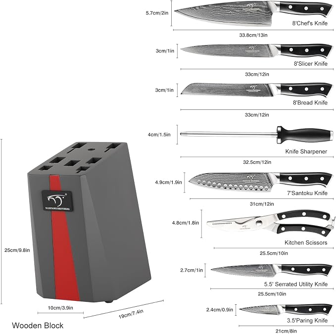 NANFANG BROTHERS Knife Set, 9 Pieces Damascus Kitchen Knife Set with Block, ABS Ergonomic Handle for Chef Knife Set, Knife Sharpener and Kitchen Shears, Knife Block Set