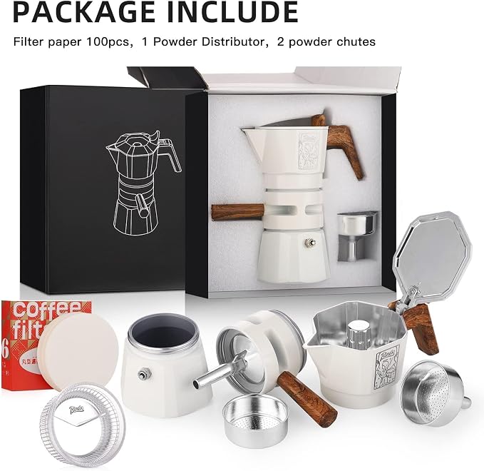 Bincoo 120ML/2 Cups Stovetop Espresso Maker Double Valve Moka Pot with Thermostat Extractor,Italian Espresso Moka Pot with Powder Dispenser and Filter Paper for Home(White)