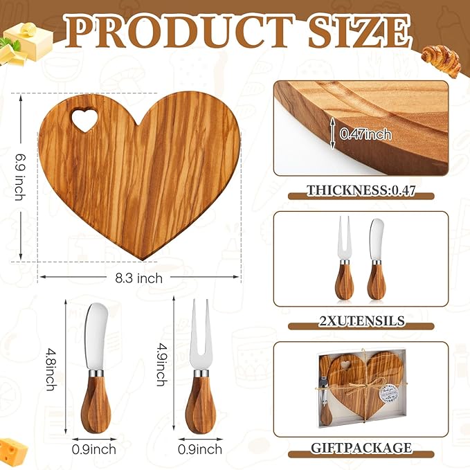 Patelai 1 Set Bridal Baby Shower Favor Heart Cheese Board with Knife, Wood Mini Charcuterie Board Thank You Gift Box for Guest Bridal Baby Shower Prize Wedding Valentines Birthday (Olive Wood)