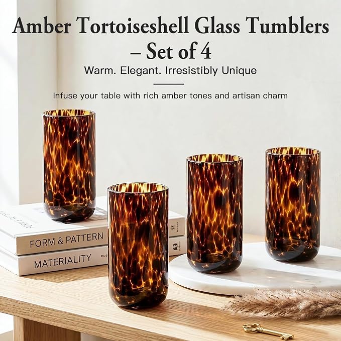 Tortoise Shell Drinking Glasses Set of 4, Brown Decorative Tortoise Shell Tumbler Cups for Wine & Drinks，Drinking Glasses for Wedding Gifts, Housewarming, Cocktail Party (4, 15oz)
