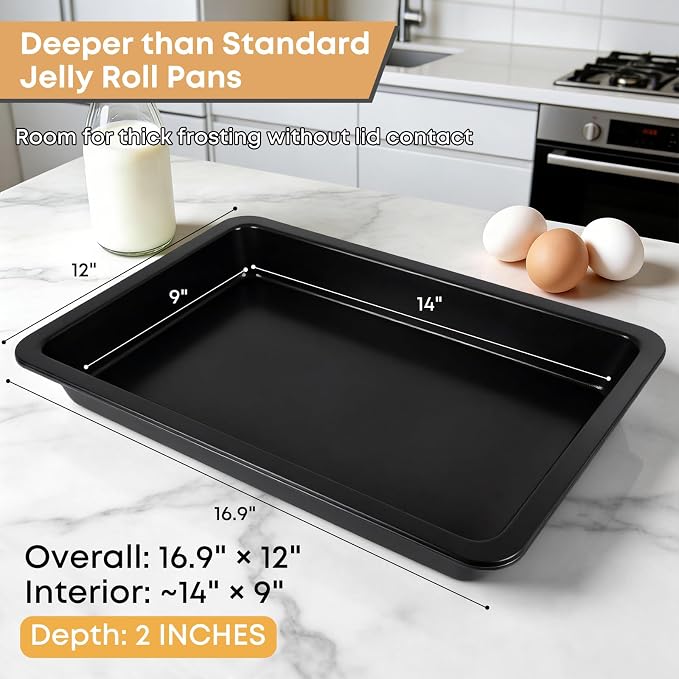 Black Sheet Cake Pan with Lid, 2-Pack 15"×10"×2" Deep Jelly Roll Pan, Nonstick Ceramic Coating, PFOA & PTFE Free, Oven Safe 450°F, for Texas Sheet Cake, Brownies, Potluck