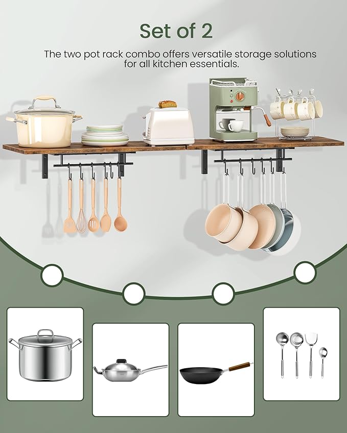 CHOEZON Wall-Mounted Pot Racks, Set of 2 Hanging Pot Rack, Floating Shelves, Vintage Pot Hangers for Kitchen, 2-Tier Hanging Shelves for Kitchen Storage, Rustic Brown and Black TPR27P2BF