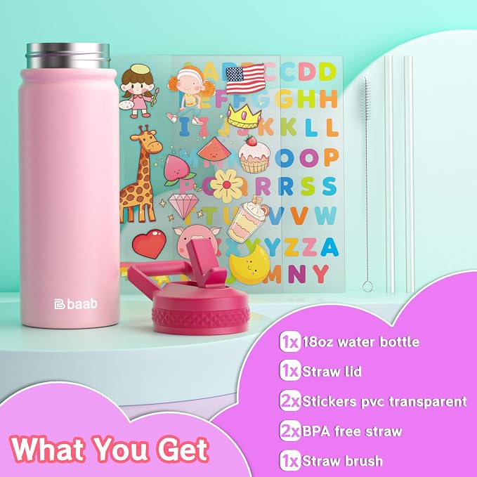baab 18oz Kids Water Bottle, Insulated Water Bottle with Straw & Stickers, 18/8 Stainless Steel Vacuum Leakproof Kids Water Straw Cup for School, Perfect for Boy Girl (Rose Pink, 1 Pack)