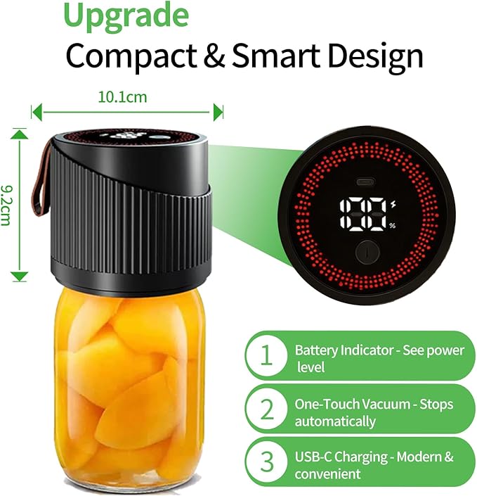 Electric Mason Jar Vacuum Sealer Kit for Wide and Regular Mouth Jars - Vacuum Sealer Machine with -80kpa Suction, Automatic One-Button Operation for Food Storage