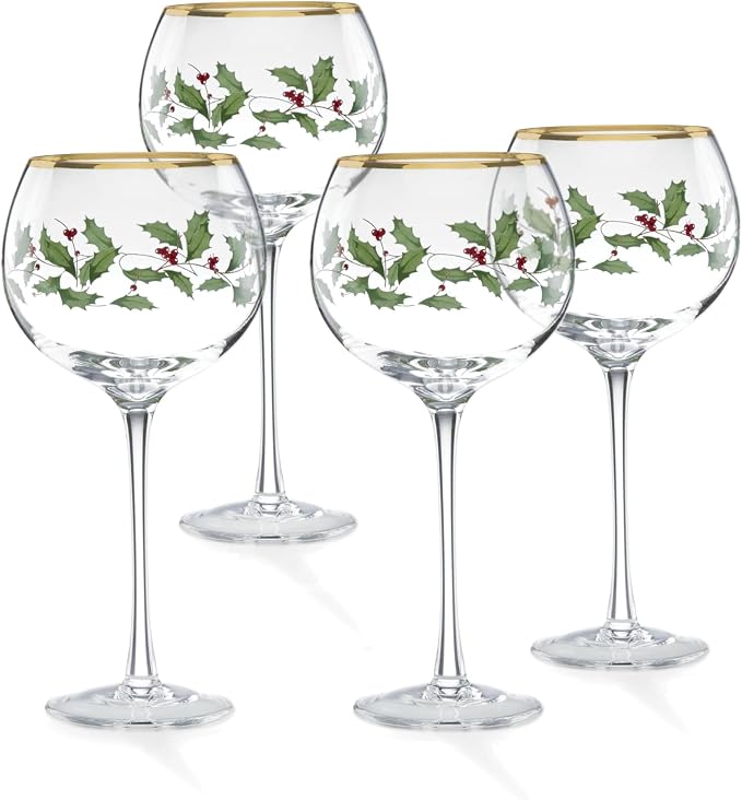 Lenox Drinkware, Holiday 4-Piece Wine Balloon Glass Set, Set Of 4, 14 Fl Oz Capacity, Made From Glass, Festive Red Christmas Design, Hand Wash Only, Christmas Decorations, Winter Decor (4 Piece)