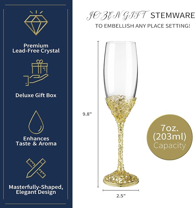 Champagne Flutes -His and Hers,Wedding Toasting Glasses for Engagement Celebrations, Bridal Shower and Registry Idea, Tall Wine Glasses for Bride and Groom Gifts,7oz (Gold New)