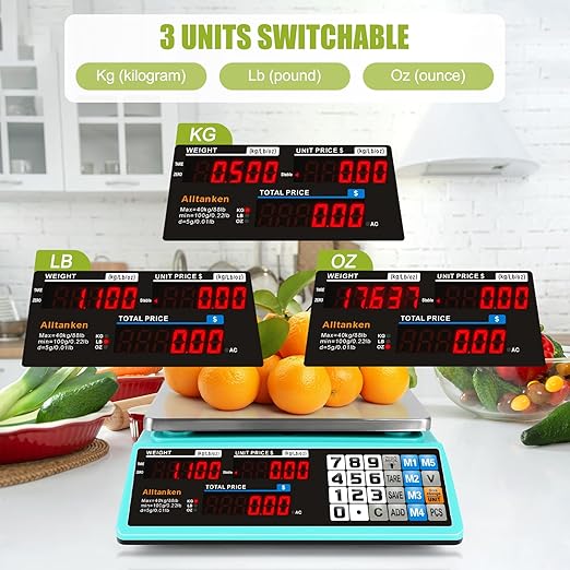 88lb Commercial Food Scale Lb/Kg/Oz Conversion, Price Computing Scale with Dual Display, Rechargeable, Waterproof Reversible Platter, Counting for Farmers Market, Meat Shop, Retail Store, Home Kitchen