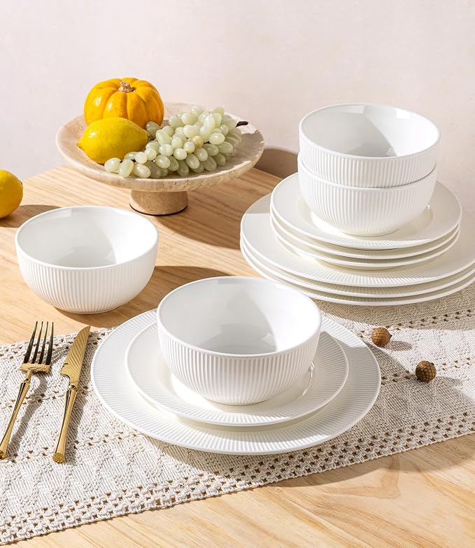 TheTerra Stoneware Dinnerware Sets for 4, 12 Pieces Ceramic Plates and Bowls Sets, Scratch Resistant Embossed Dish Set, Oven, Microwave & Dishwasher Safe, Bright White
