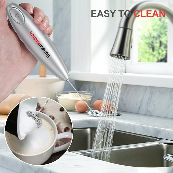 Bonsenkitchen Milk Frother Handheld Battery Operated Electric Foam Maker, Drink Mixer with Stainless Steel Whisk for Cappuccino, Matcha (Silver+Black)