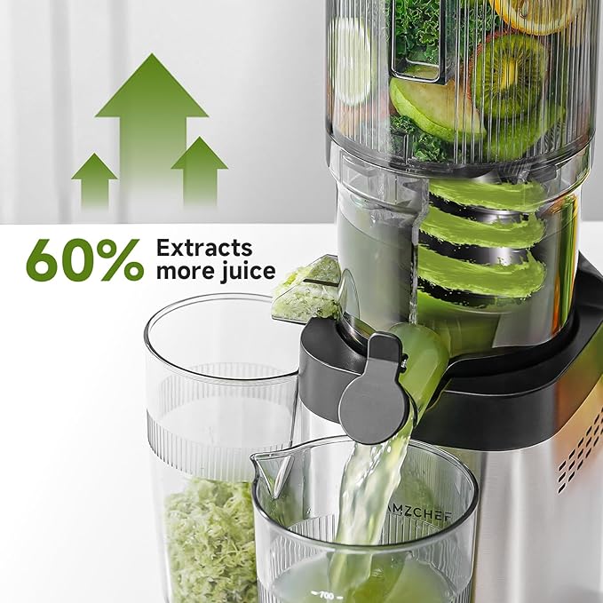 Cold press Juicer Machines with 5.2" Extra Self-Feeding for Whole Vegetable & Fruit, Juice Extractor with Large Auger & Triple Strainers, Easy to Clean, High Juice Yield, Stainless Steel Silver