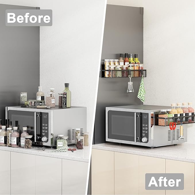 Aufworld Magnetic Spice Rack for Refrigerator, 2 Pack Magnetic Shelf, Fridge Magnet Organizer with Moveable 4 Hooks, Magnetic Fridge Shelf for Kitchen Organization and Storage (2 Pack)