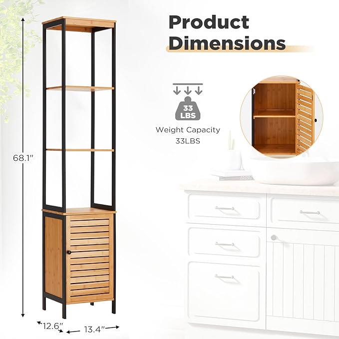 Tall Bamboo Bathroom Cabinet, 5 Tier Floor Shelving Unit with Open Shelves & Cabinet Storage, Premium Moso Bamboo Organizer for Bathroom, Kitchen, or Living Room