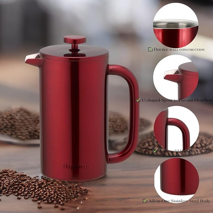 8-Cup Double Wall Insulated Stainless Steel French Coffee Press, 32-Ounce Durable Coffee Tea Maker with Stainless Steel Plunger, Red