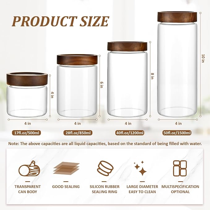 3 Pack 50 fl oz/1500 ml Clear Glass Storage Canister with Airtight Wooden Screw On Lid, Large Tall Decorative Glass Container Jar Set for Coffee, Nut, Tea, Candy, Cookie, Cereal, Sugar, Flour