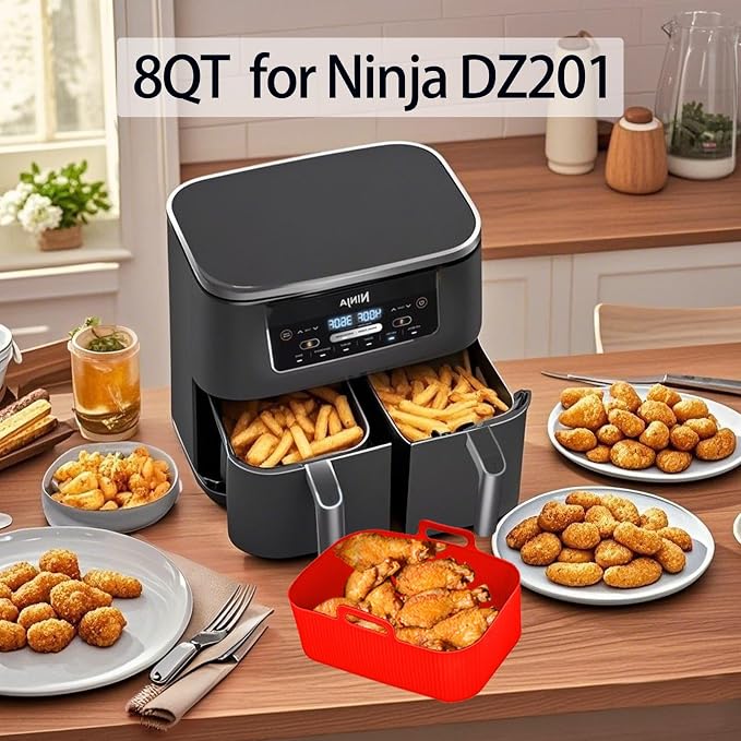 Silicone Air Fryer Liners for Ninja - Reusable 8 Qt Bowl for Foodi DZ201 Dual Basket Airfryer - Rectangular 2-pack 2025 Upgraded Food Safe Silicone Baking Tray Red (RED & BLACK)