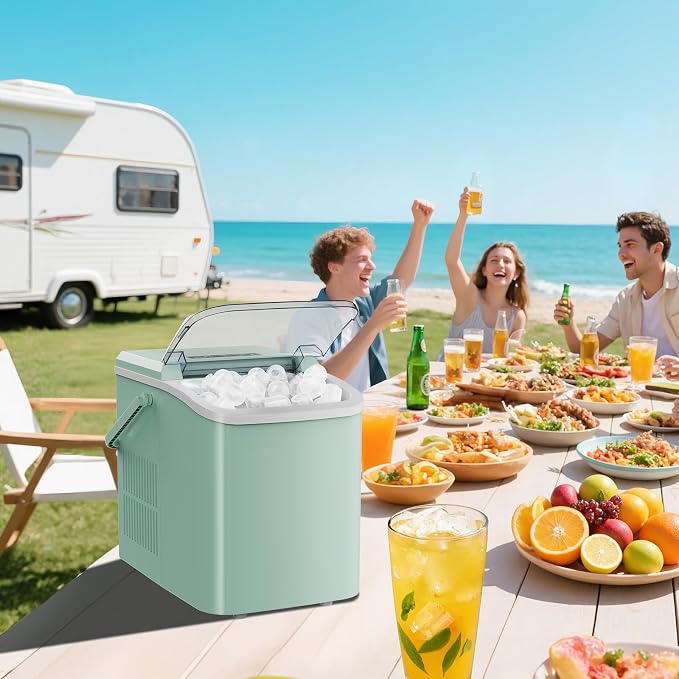 OLIXIS Countertop Ice Maker Machine with Handle, Auto-Cleaning Portable Ice Maker with Basket & Scoop, 26lbs in 24Hrs & 9 Cubes in 6 Mins, 2 Cube Sizes, for Home Party Camping RV, Green