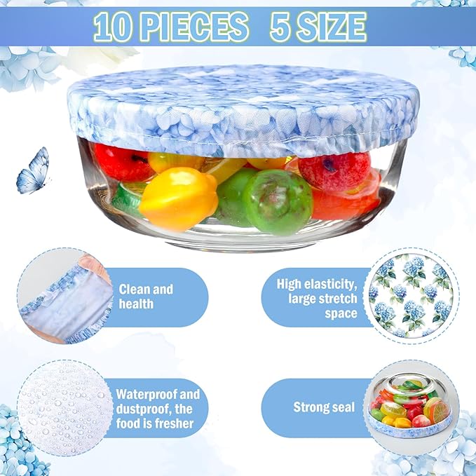 Patelai 10 Pcs Bowl Covers Reusable in 5 Size Stretch Cloth Fabric Elastic Food Storage Bowl Covers Bread Sourdough Lids for Proofing Food Fruits Leftover(Blue, White, Green,Hydrangea Style)