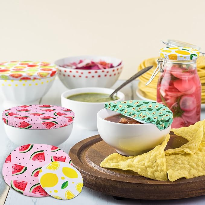 Patelai 10 Pcs Bowl Covers Reusable in 5 Size Stretch Cloth Fabric Elastic Food Storage Bowl Covers Bread Sourdough Lids for Proofing Food Fruits Leftover (Bright,Summer Style)