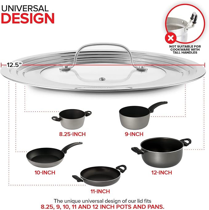 Modern Innovations Universal Lids with Tempered Glass (2 Pack), Fits 8.25 to 12 Inch Pots and Pans, Replacement Frying Pan Covers and Cast Iron Skillet Lids with Stainless Steel Rim