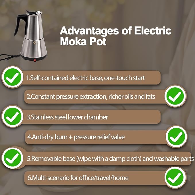 Stainless Steel Electric Moka Pot 6 Cup 300ml Express Coffee Maker Stovetop Espresso Portable Coffeemaker Italian Classic Brewing Greca Cafe Mocha with Removable Base and Overheating Protection 10oz