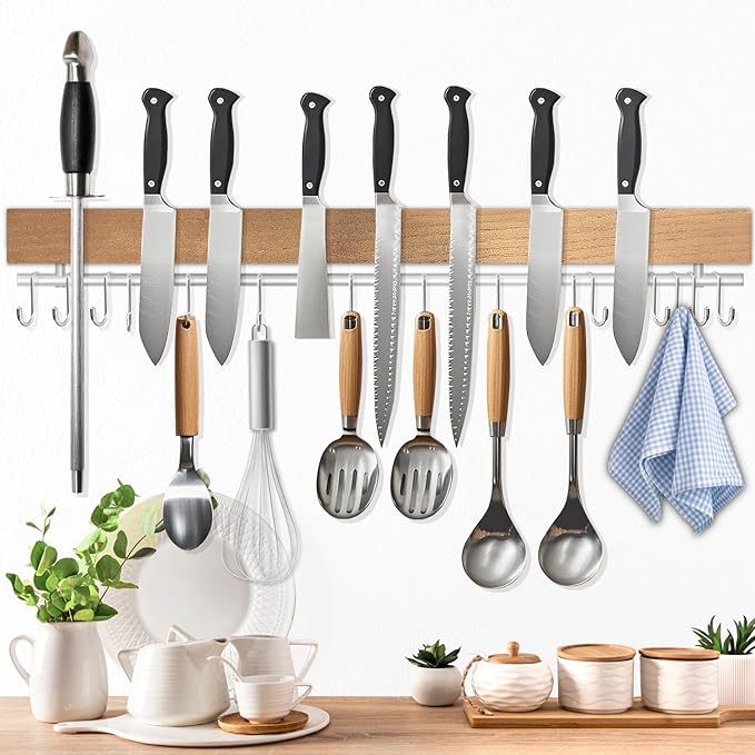 Dmore magnetic knife holder for wall—with 15 hooks, No Drilling 23 Inch Wood knife magnetic strip, Extra Strong Magnet knife rack, include Adhesive Tape and screws for Knives and Tools
