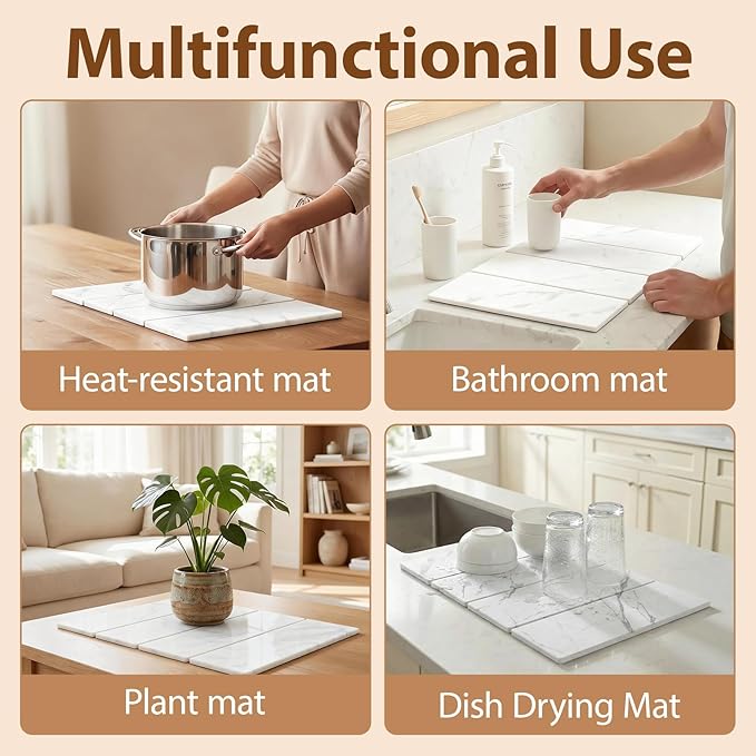 Large Stone Dish Drying Mat for Kitchen Counter,24"(L)×16"(W),Quick Dry Super Absorbent Drying Matt Kitchen Counter,Collapsible Diatomaceous Earth Dish Mats,for Dishes Bottles Cups,Any Countertop