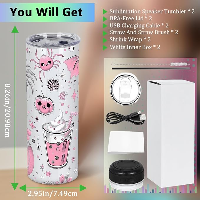 2 Pack 20Oz Music Speaker Tumbler, Skinny Straight Sublimation Tumblers, Stainless Steel Double Wall Insulated Speaker Cup With Detachable LED Light（Black）
