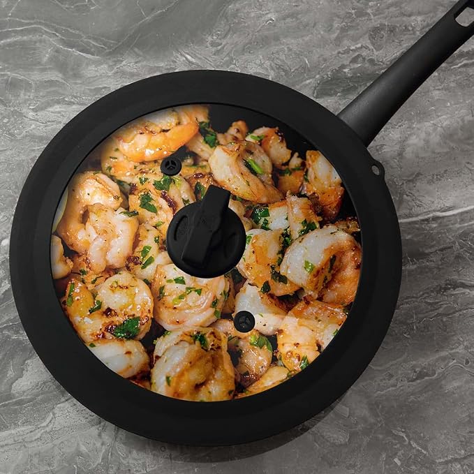 Vented Tempered Glass Universal Lid for Pot Pan Skillet with Heat Resistant Silicone Rim Microwave Splatter Lid Cover Microwave Safe Fit 11.5" 12" 12.5" Cookware, Dishwasher Safe Black