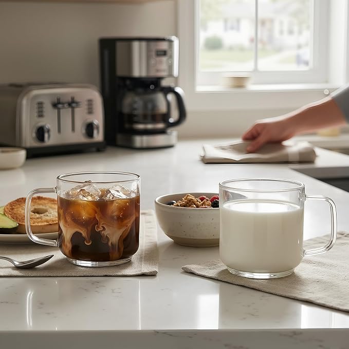 Aquach 18oz Glass Coffee Mugs Set of 2, Large Clear Borosilicate Cups | Dishwasher/Microwave Safe, Single-walled, Smooth Rim, Comfort Handle, Stable Thick Base, Large Capacity