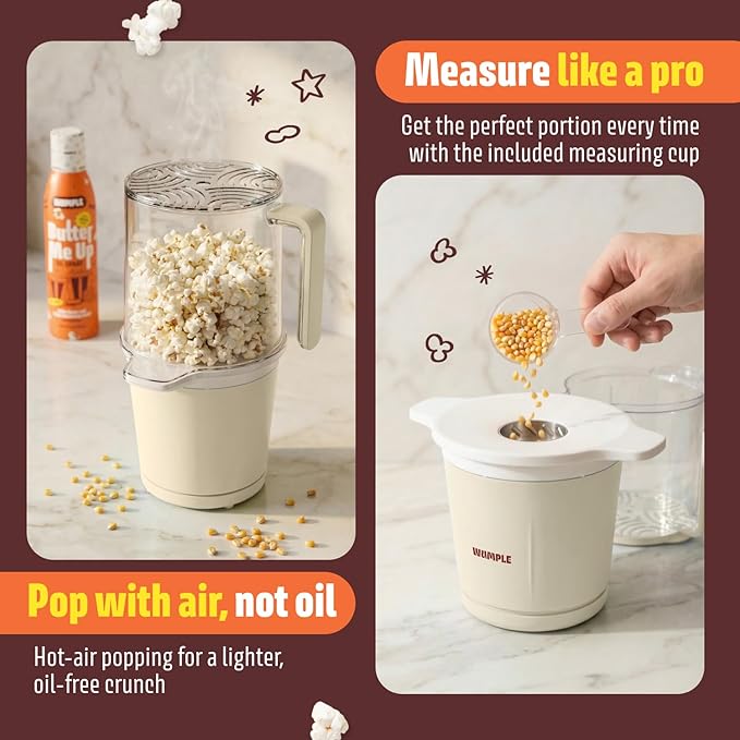 Air Popper Popcorn Machine - 10-Cup Air Pop Popcorn Maker with Measuring Cup - Hot Air Popped Oil-Free Compact Popcorn Popper - Movie Nights & Parties - Cream