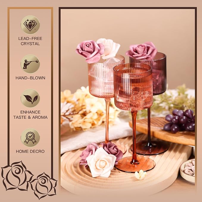 Melanin Colored Square Wine Glasses Set of 6, Elegant Ribbed Design Amber Crystal Glassware with Long Stem, 11.5oz Hand Blown Red & White Wine Stemware For Home Bar Deco,Party,Wine Dinner- Multicolour