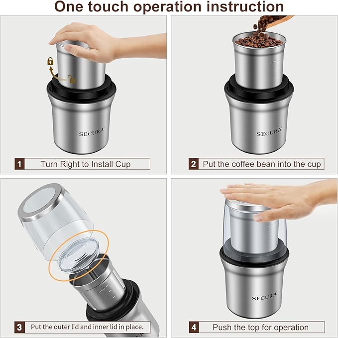 Secura Electric Coffee Grinder and Spice Grinder with Stainless Steel Blades, 1 Removable Bowl, Stainless