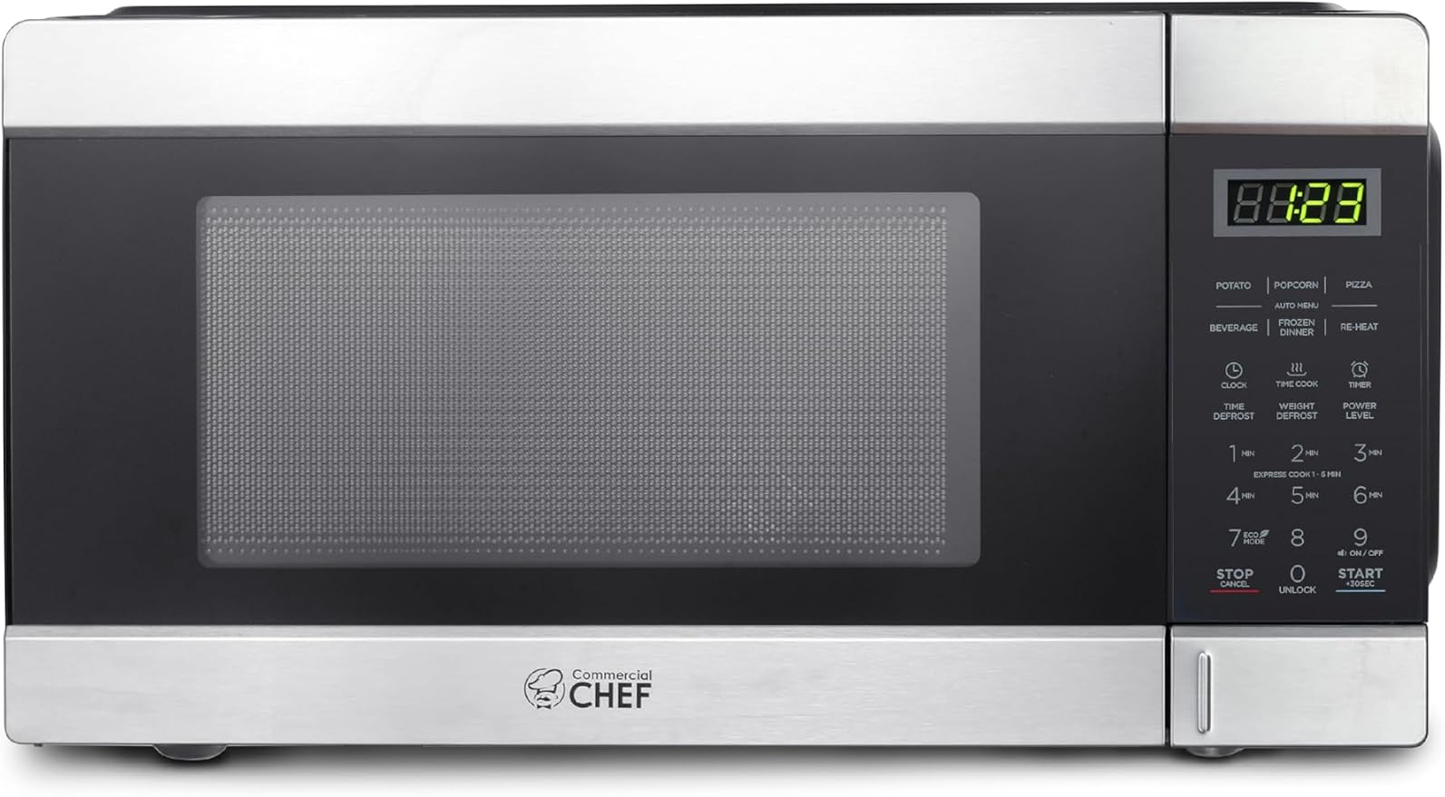 COMMERCIAL CHEF 1.1 Cu Ft Microwave with 10 Power Levels, Small Microwave with Push Button, 1000W Countertop Microwave with Kitchen Timer, Door Lock, & Digital Controls, Stainless Steel